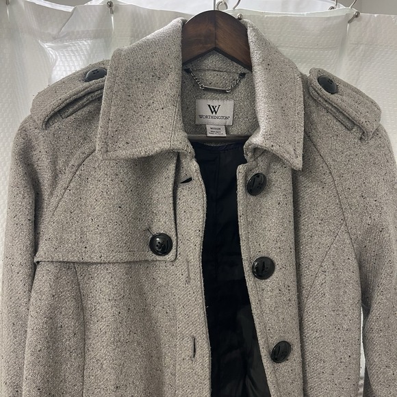 Worthington Jacket Coat Women's Size M Wool Blend Metallic Lurex Tweed Peacoat - Picture 2 of 6